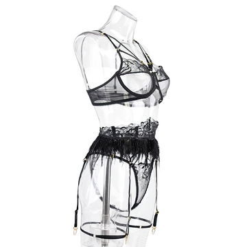 Women's Sexy Lingerie Underwear with Feather / Exotic Lace Female Apparel with Garters and Bra Set - EVE's SECRETS